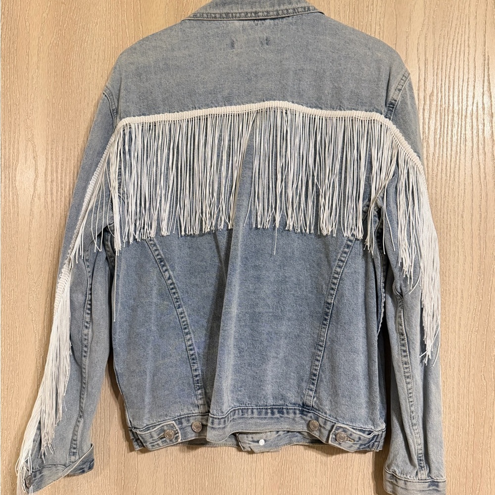 Elia Cher Fringe Denim Jacket – Boho Western Distressed Statement Jacket